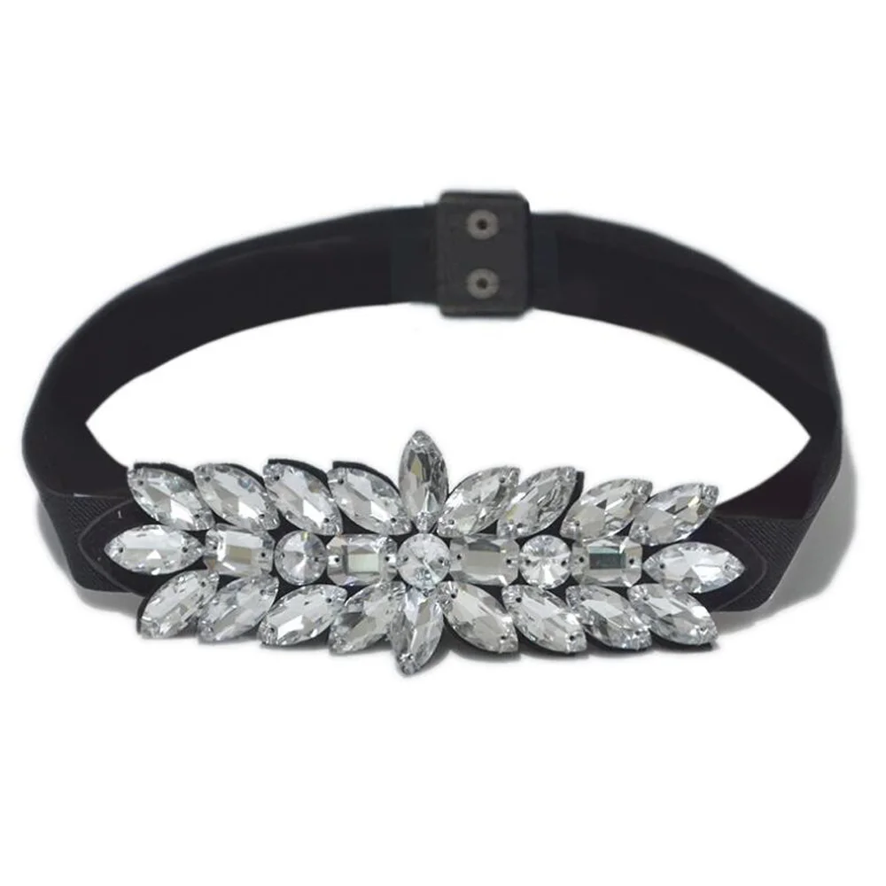 Женский пояс Стразы с белыми кристаллами эластичный черного золотого цвета