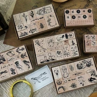 12 piece vintage plant junk journal scrapbooking stamps set number whale diy craft wooden rubber stamps album diary seal stamps
