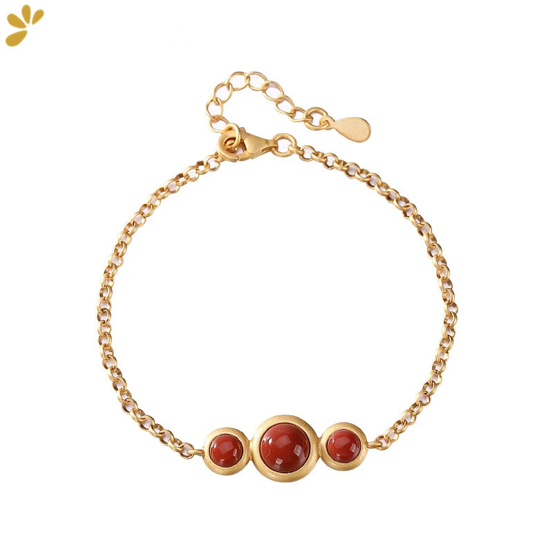 

925 Sterling Silver Bracelet Gold-plated Hetian Jade or Agate Resizable Bracelets Bangles Fine Jewelry for Women Trendy Vintage