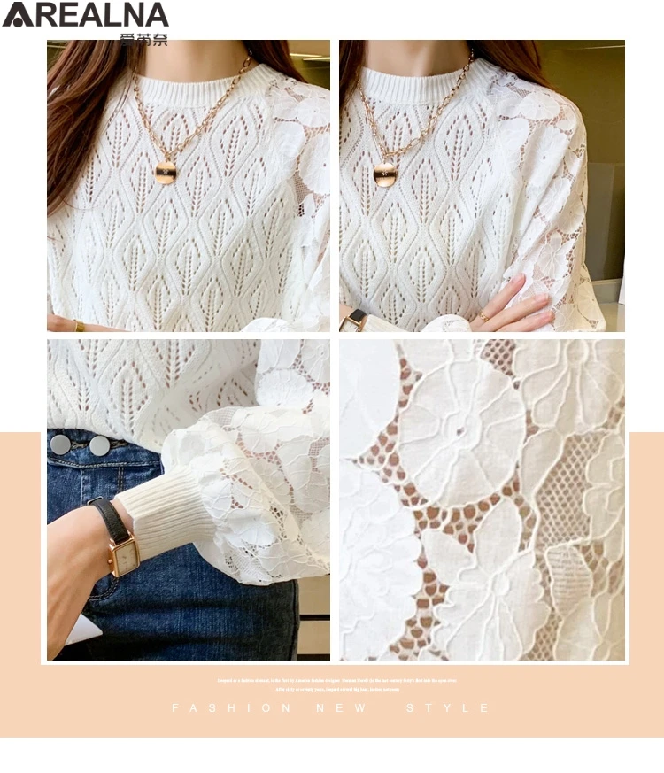 

Women's White Sweater 2021 Autumn Solid Knitted Pullovers Lace Stitching Lantern Sleeve Base Top Fashion Sweet woman sweaters