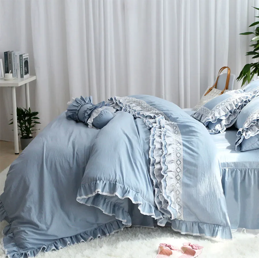

Farmhouse White Gray Bedding set Elegant Shabby Lace Ruffle 100%Cotton Soft Duvet Cover Set Bedskirt Pillowcases Twin Queen King