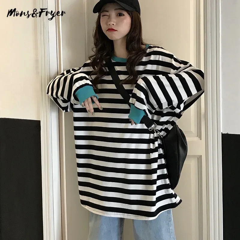 Женская Полосатая Футболка большого размера в Корейском стиле Повседневная
