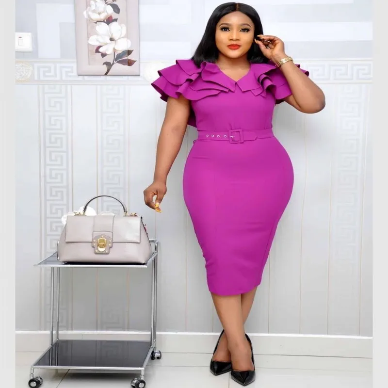 

European And American Summer Fashion Simple Dignified Women's Dress High Waist Short Sleeve Slim Flounce Decorative Dress