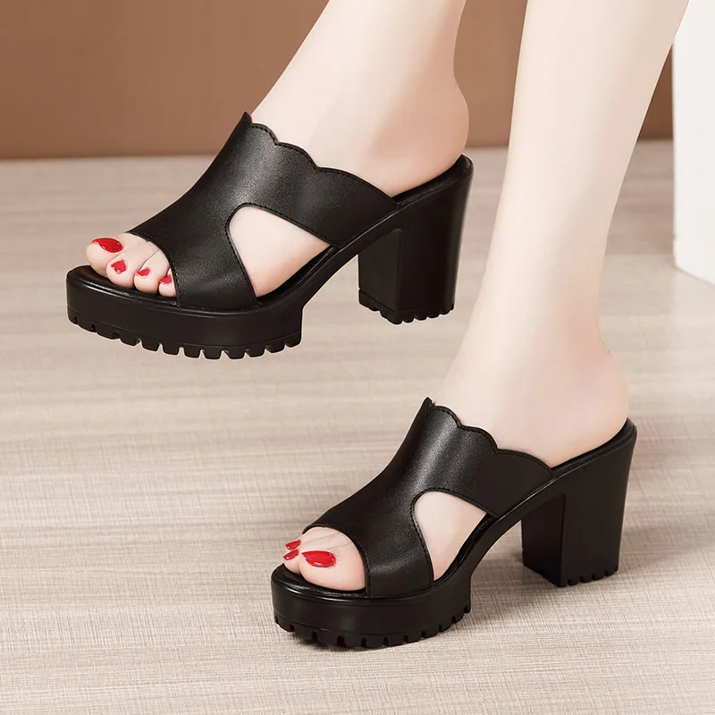 

Heel Platform Slippers Women Wedding Shoes Summer 2021 Leather Slippers High Heels Slides Ladies Slipper