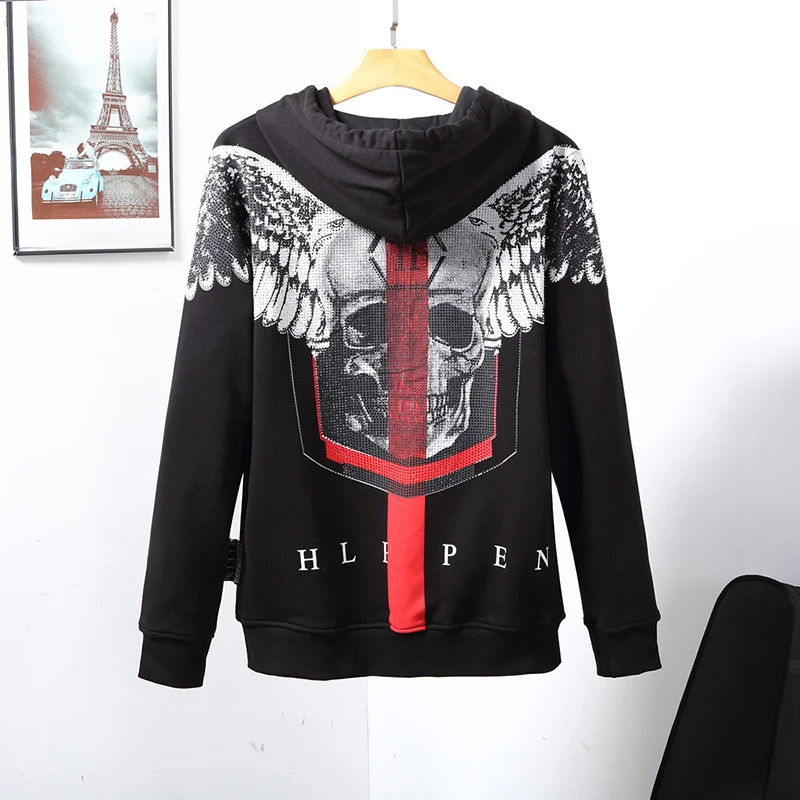 

Fashion sweater men's skull wing hot water drill Plein Planck PP German fashion brand hooded cardigan slim QP European street