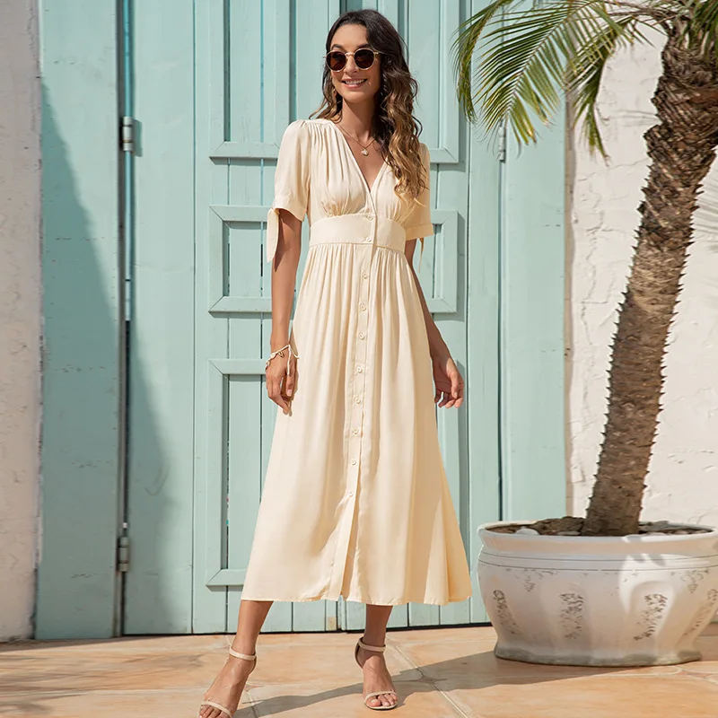 

2021 Summer New Fashion V-neck High Waist Cuffs Bandage Maxi Elegant Long Dress Elegant