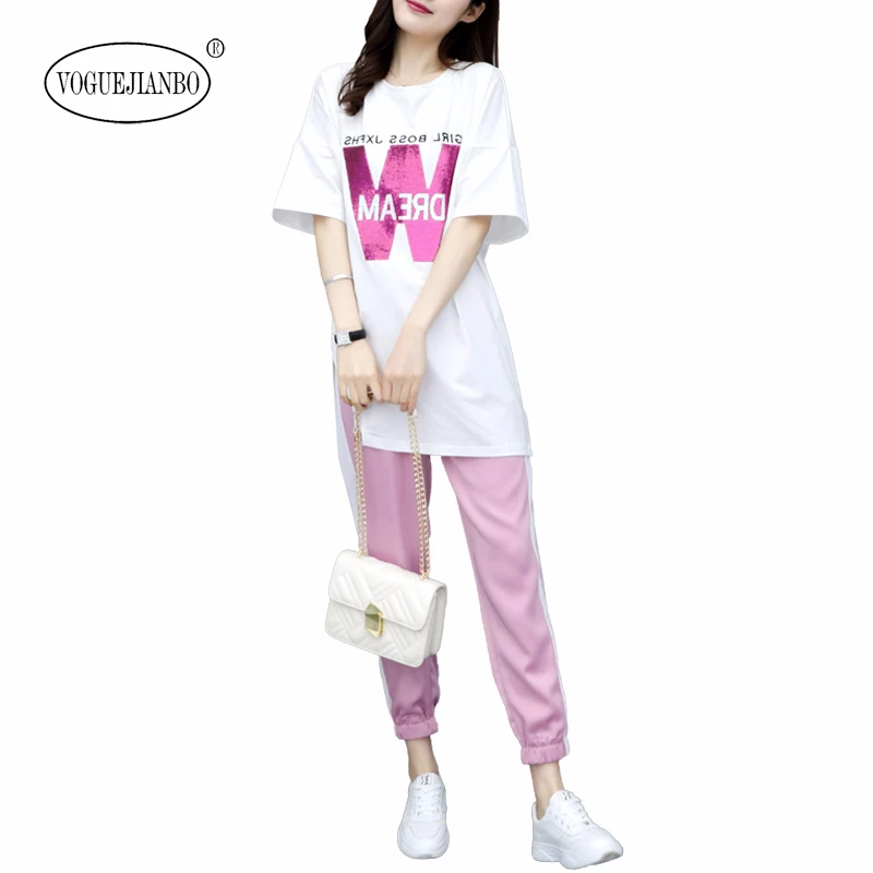 

2020 summer new female clothes plus size tracksuit women round neck short sleeve letter printing loose casual two piece set