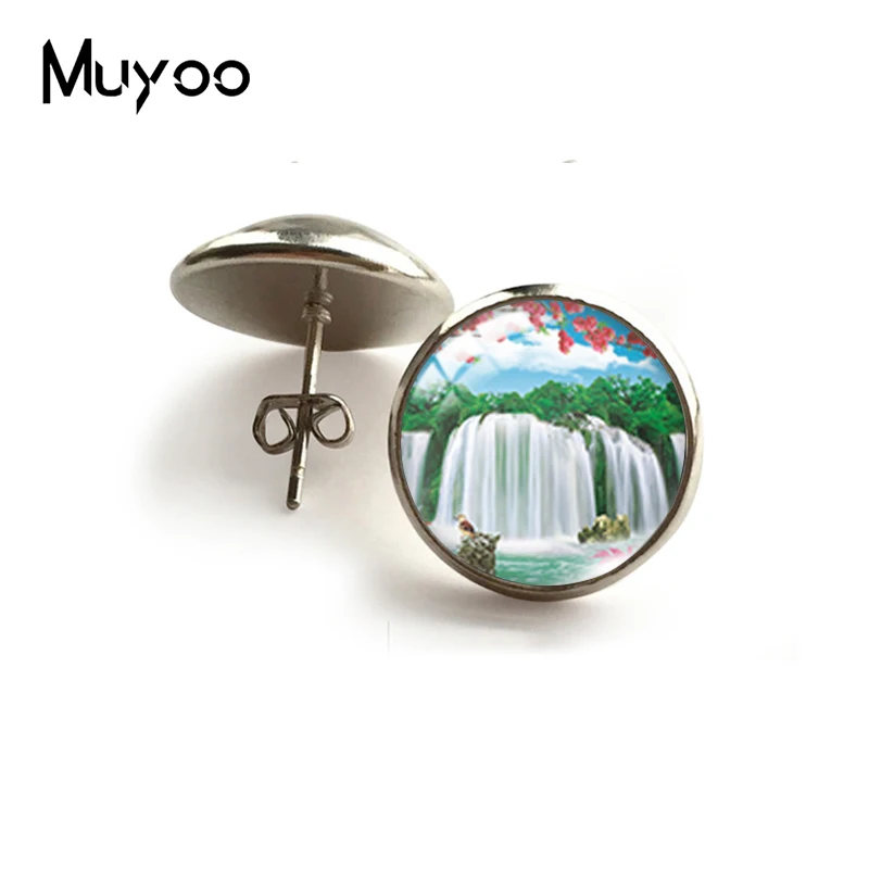 

2021 New Waterfall Landscape Stud Earring Art Painting Round Earrings Glass Dome Jewelry Gifts Women