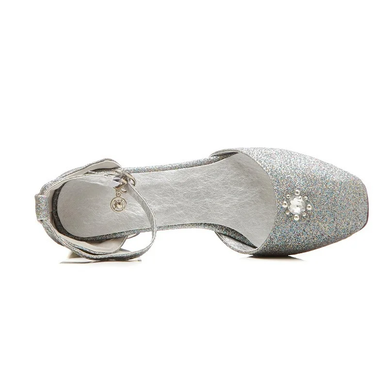 

Fashion Pumps Woman Sandals Ankle Strap Buckle Sandals-women Crystal Decoration Sequined Cloth Med Heel Female Shoes Summer 2021