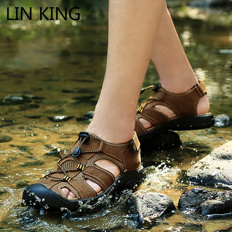 

LIN KING Big Size 50 Summer Shoes Men Sandals Genuine Leather Casual Shoes New Outdoor Beach Sandals Roman Man Waterproof Sandal