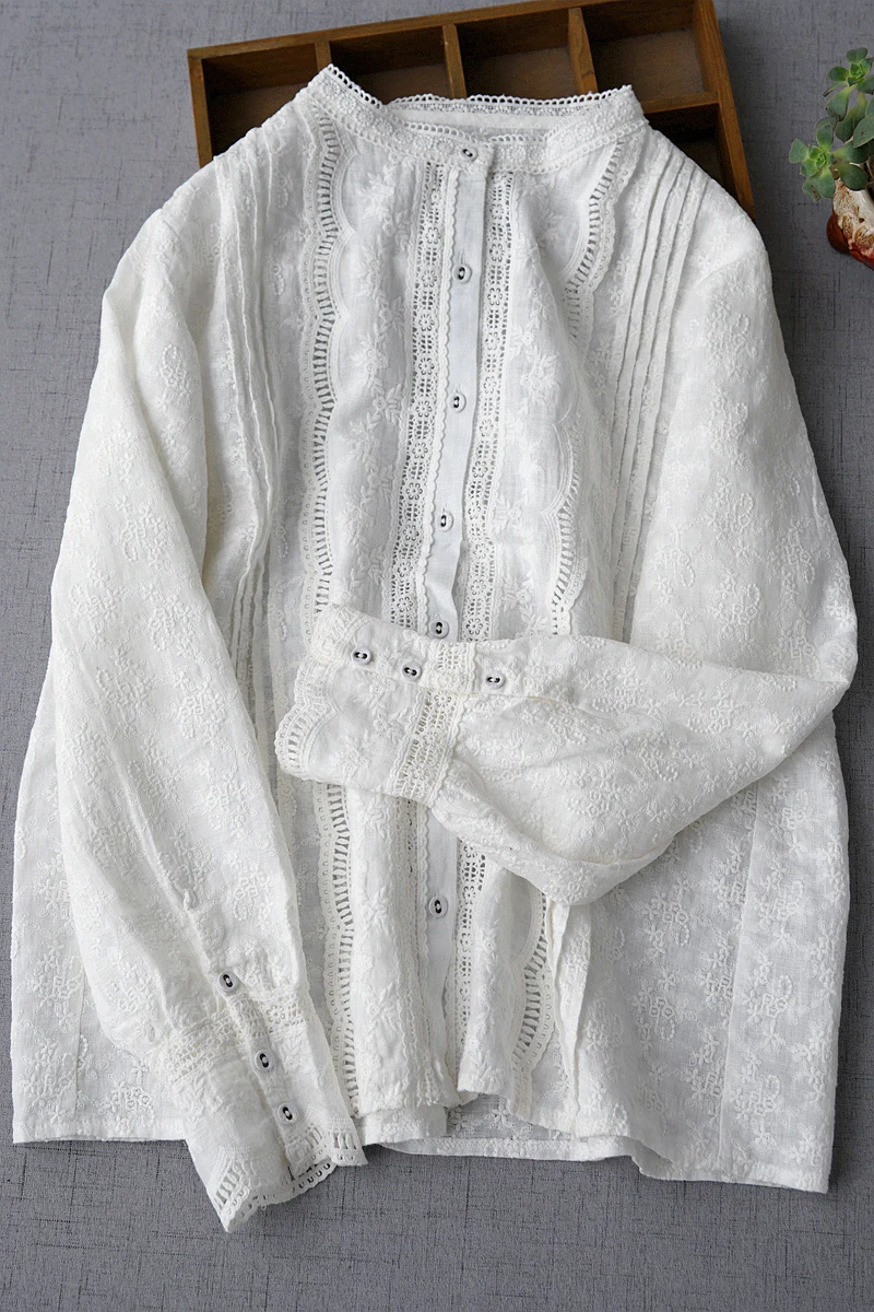 

Spring Autumn Women Loose Mori Girls Sweet Full Embroidery Lace Patchwork Comfortable Water Washed Linen White Shirts/Blouses