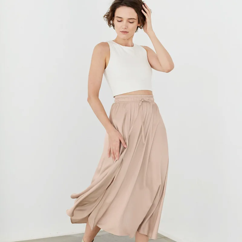 

Атласные элегантные женские юбки а-силуэта со шнуровкой на шнуровке, милые длинные мини-юбки цвета хаки с высокой талией и эластичным поясо...