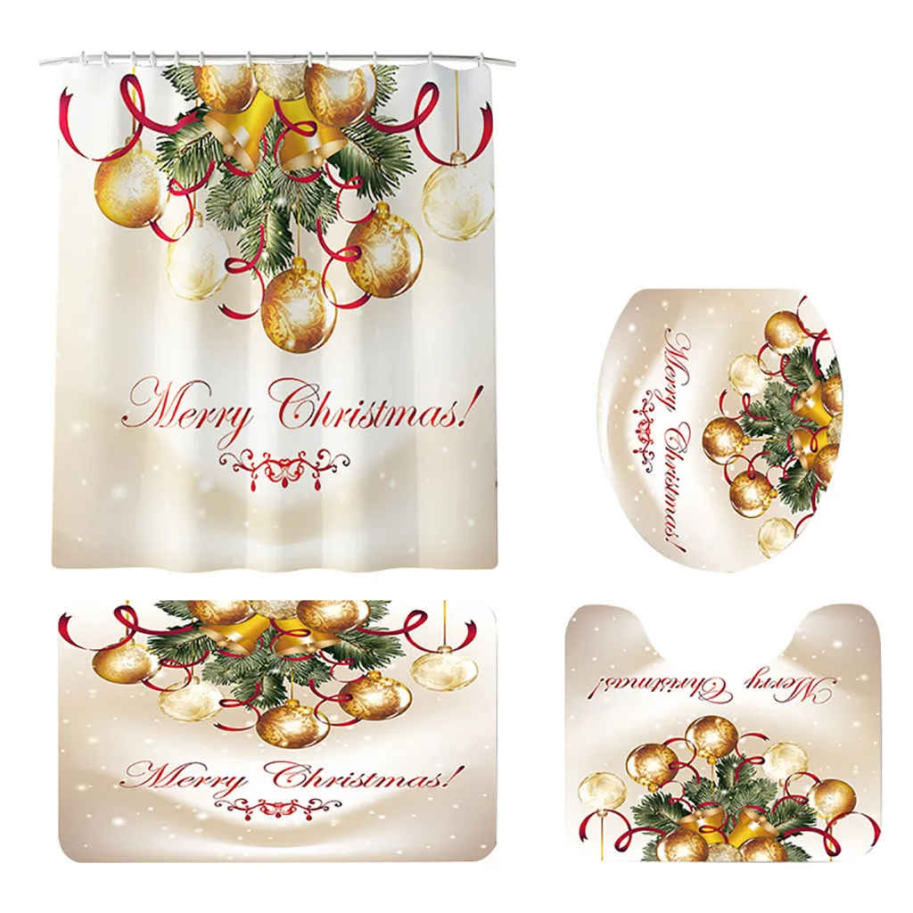 Ouneed Shower Curtain 4pcs set Christmas golden ball printed bath mat & shower curtain Non Slip Nordic Waterproof Drop Ship 2020 | Дом и