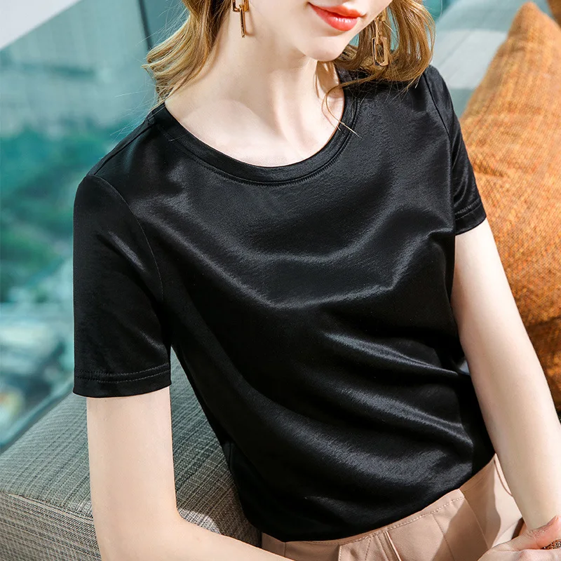 

Short sleeve T-shirt women's new summer 2021 women's ice loose basic half sleeve round neck solid color top