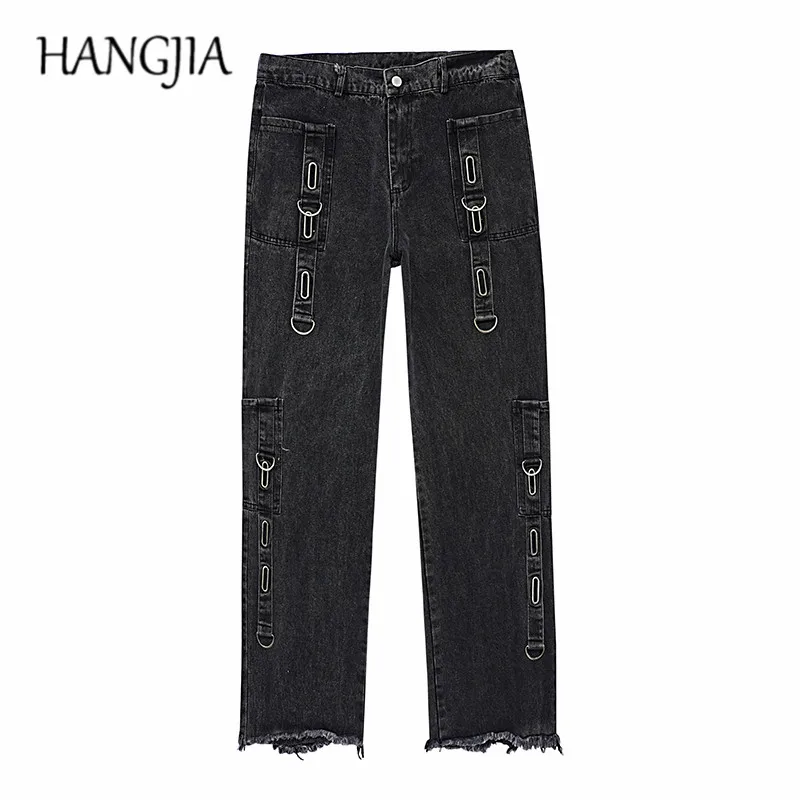 

Streetwear Charcoal Black Functional Washed Distressed Denim Jeans Men Adjustable Metal Trim Hip Hop Raw Edge Slim Jeans for Men