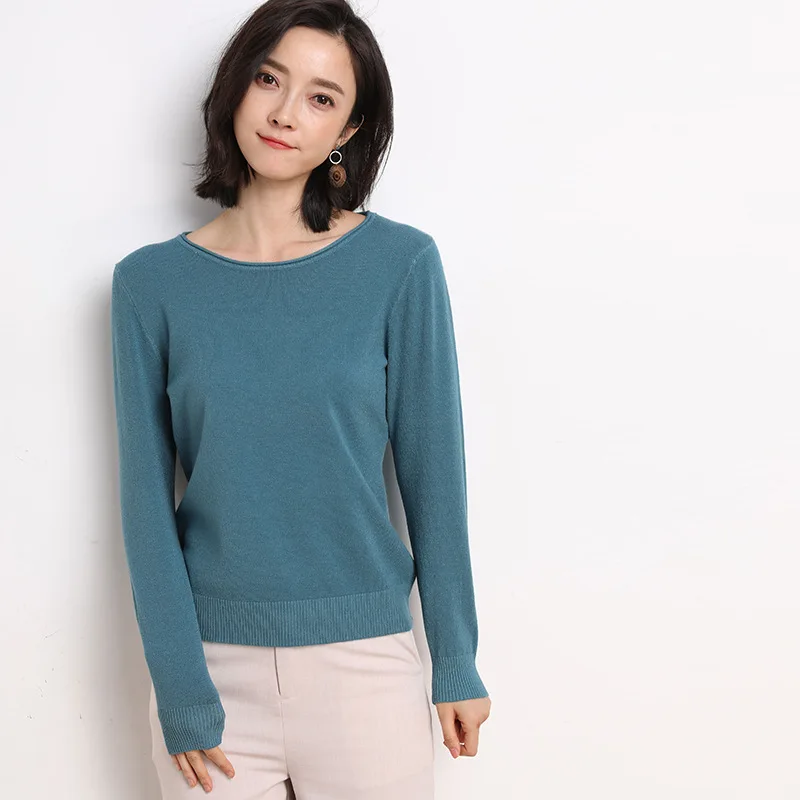 Топ женский на весну и осень 2019 новый свитер с круглым вырезом черное нижнее