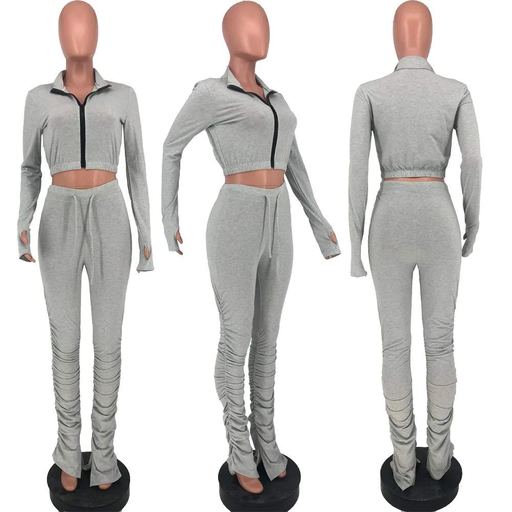 

Simple Style Solid Color Zipper Long Sleeve Sexy Crop Tops Trousers Women Casual Suit Autumn Hot Selling Fashion Two Piece Set