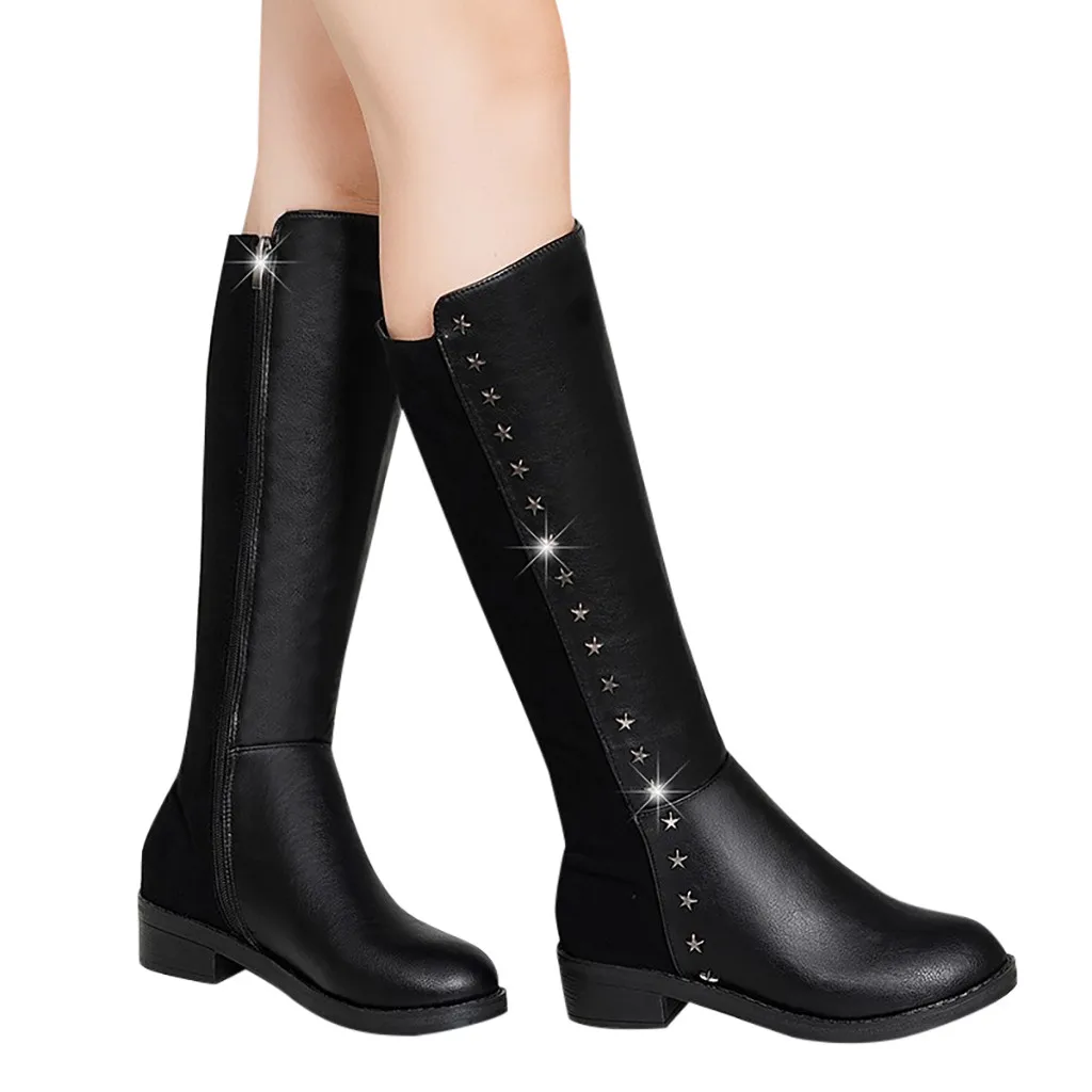 Модные однотонные длинные сапоги до колена кожаные черные с круглым носком без