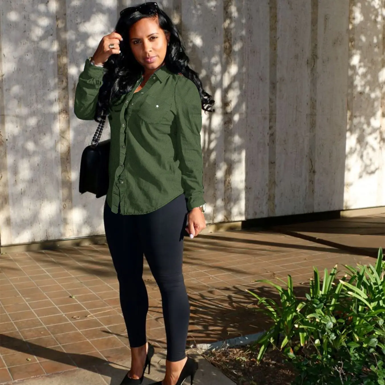 Свободная Повседневная Джинсовая блузка топы однобортные черные/армейские