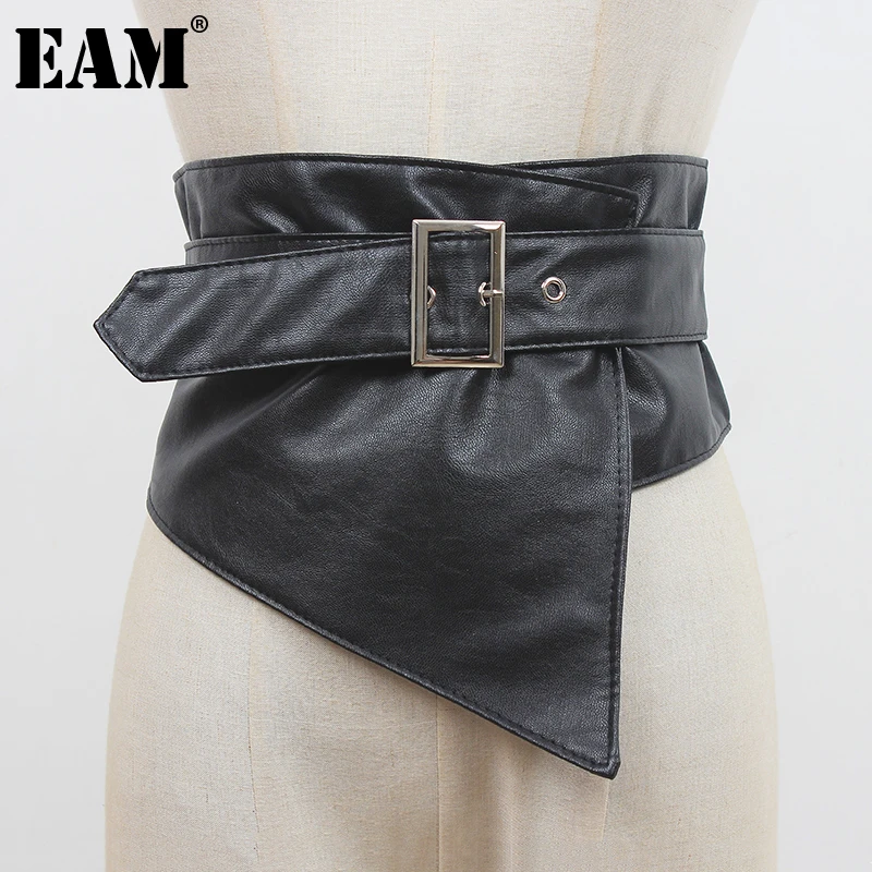

[EAM] Pu Leather Black Irregular Wide Buckle Belt Personality Women New Fashion Tide All-match Spring Autumn 2022 1DD9562