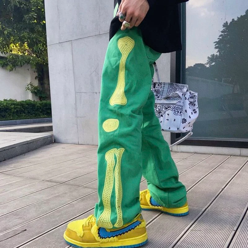 

2021 Woman jeans green wide leg jeans hip hop embroidered jeans men's and women's loose jeans skateboard jeans Street Y2K pants