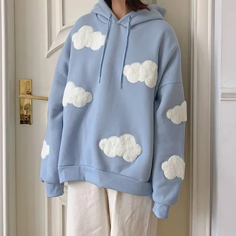 

Women Plus Velvet Warm Long Sleeve Tops Casual Hoodies Kawaii Women Winter 2021 Fashion Korean Sweatshirt Clouds Female Pullover