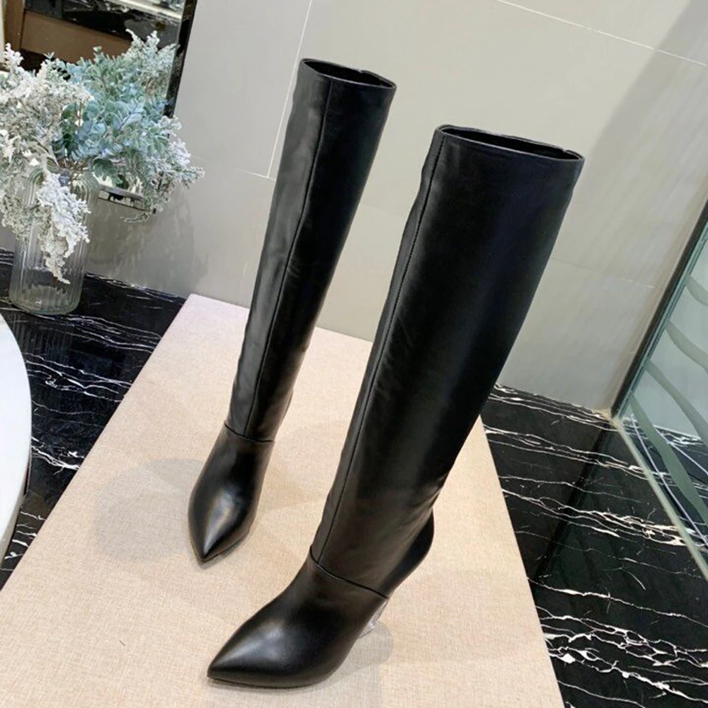 Junetxin/женские зимние сапоги до колена на очень танкетке с острым носком молнии