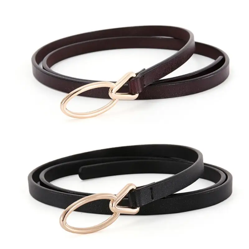 

High Quality New Designer Fashion Golden Buckle Knot Belts Genuine Leather Dress Belt Female Adjustable Thin Narrow Waistband