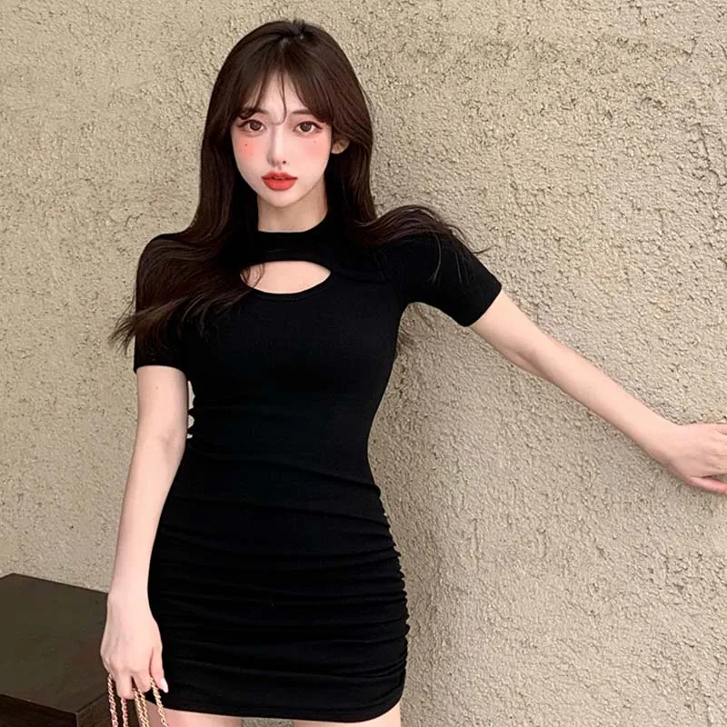 

Vintage Sexy Hollow Out Summer Short Sleeve For Women One-Piece Dress Korean Fashion Elegant Slim All-Match Female Mini Dresses