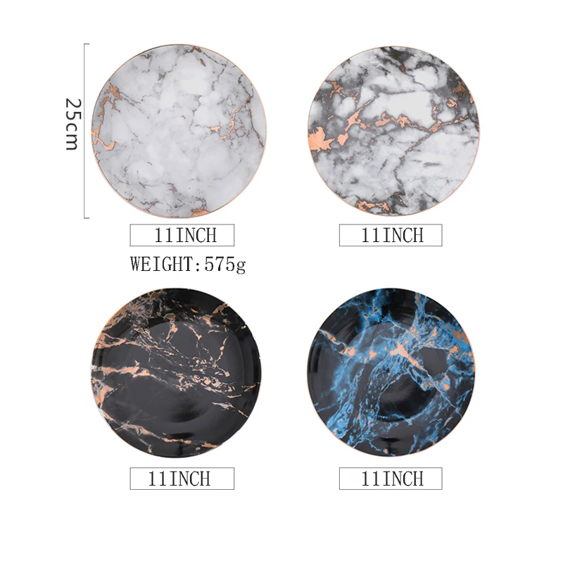 

European Style Marble Plates Ceramic Dinner Set Gold Inlay Porcelain Dessert Plate Steak Salad Snack Cake Plates Tableware