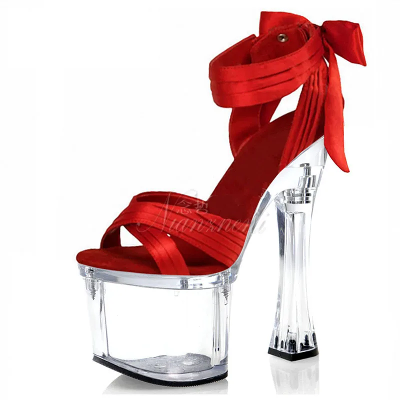 Sexy Women Sandals 18cm Super High heeled shoes Spool heels Clear Platform Sandals Bride shoes 7 inches Pole dancing Shoes