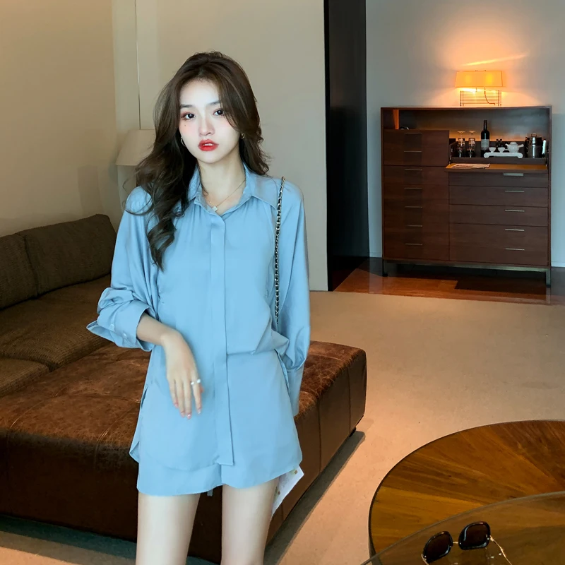 

Casual Dress Women 2021 Autumn New Polo Collar Long-sleeved Strappy Waist Thin Shirt Dress Two-piece Solid Color Shorts Female