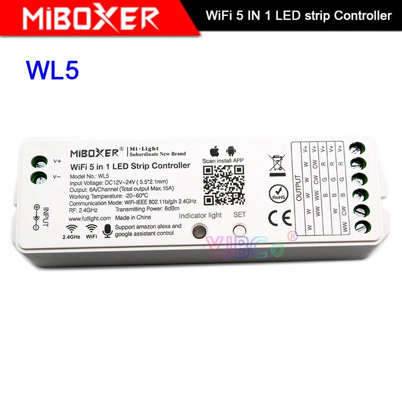 Miboxer WL5 5 IN 1 WiFi LED controller 2.4G 15A LED Strip dimmer For Single color, CCT, RGB, RGBW, RGB+CCT Led lamp tape