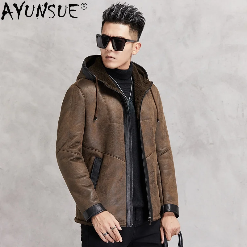 

AYUNSUE Winter Warm Sheep Shearing Casaul Men Coat Hooded Leather Jacket Fashion Autumn Mens Clothes Veste Homme 2021 WPY4109