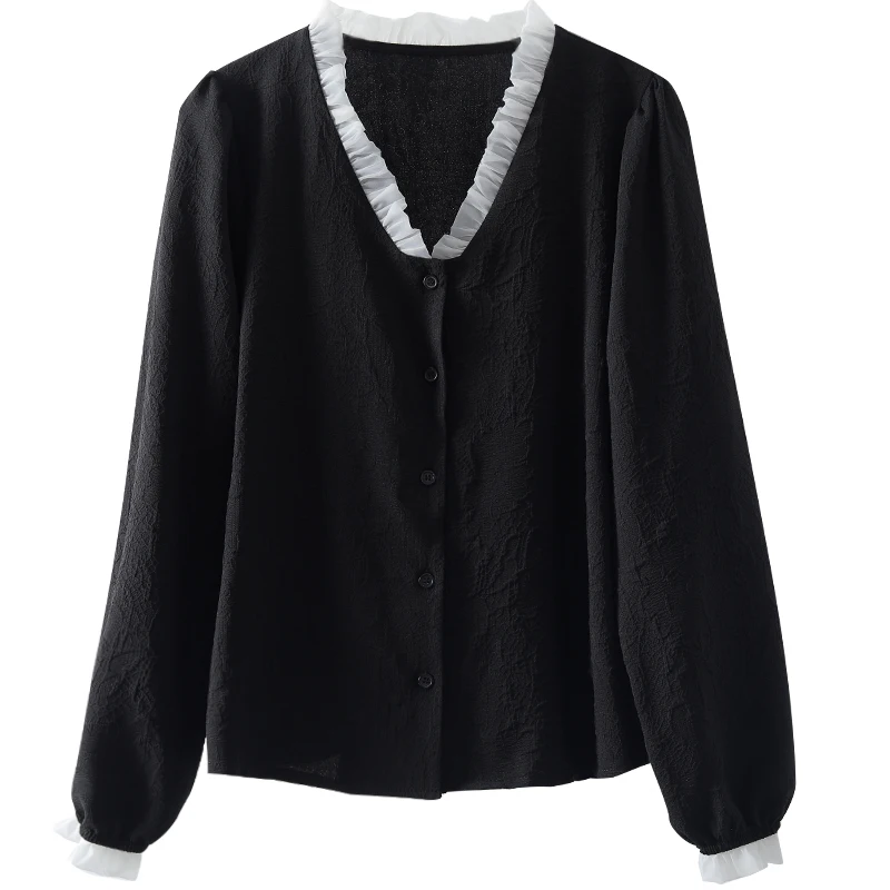 

Mesh Patchwork Women Shirts White And Black Lantern Sleeved V-Neck Loose Office Lady Elegant Outwear Tops