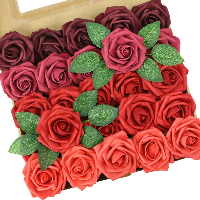 

Elegant Quality Boxes Rose Set 25Heads 8cm Foam Rose Flower And 4pcs Artificial Silk Green Leaves For Wedding Home Decor Wreath