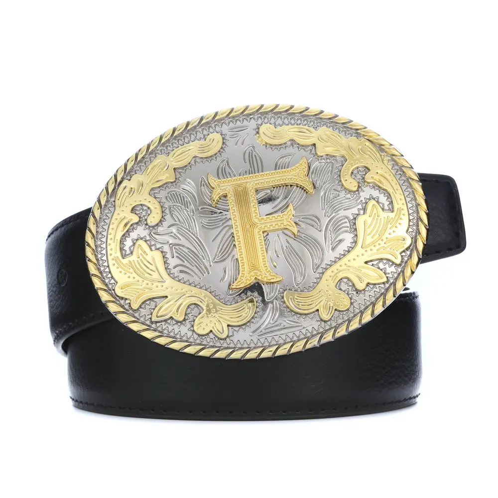 

Western Cowboy Zinc Alloy Letters A To Z with Pattern Gold Belt Buckle Gift PU Leather Belt