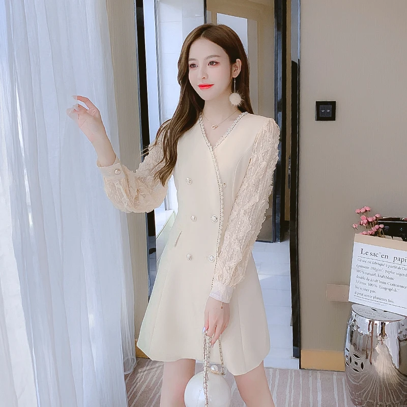 

Patchwork Women one-piece dress korean Spring Full Lace Solid Lantern Sleeve Double Breasted V-Neck Dresses 1242