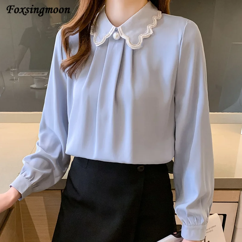 

Women Blouse 2021 Spring Autumn Chiffon Long Sleeve Shirt Fashion Temperament Solid Color Doll Collar Satin Hedging Shirt