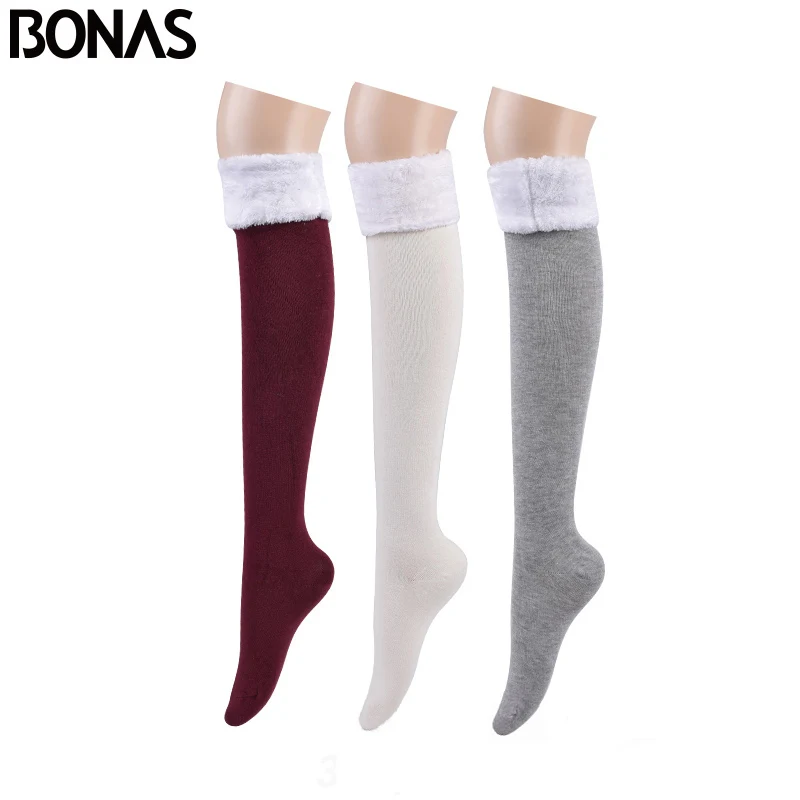 Red White Grey BONAS, 3 шт., гольфы, теплые чулки, Женские однотонные гольфы, женские хлопковые чулки для девочек, пушистые зимние носки, 53 см - Цвет: Red White Grey