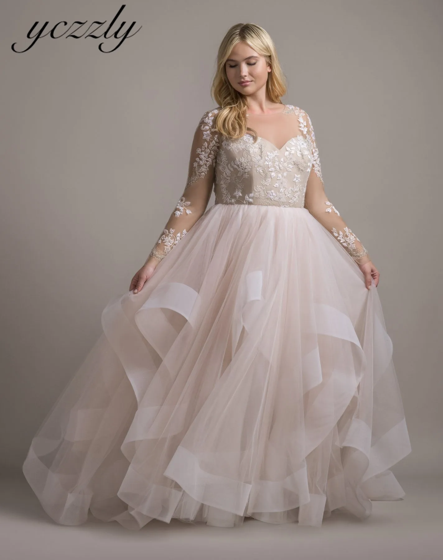 

Fashion Illusion Ball Gown Long Sleeves Appliques Ruffles Wedding Gown 2022 Plus Size Bride Dress Vestido Longo W323