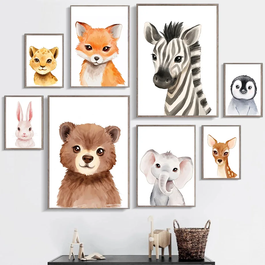 

Cartoon Elephant Fox Tiger Lion Nursery Wall Art Poster Baby Child Bedroom Canvas Painting Print Rabbit Decoration Boy Girl Room
