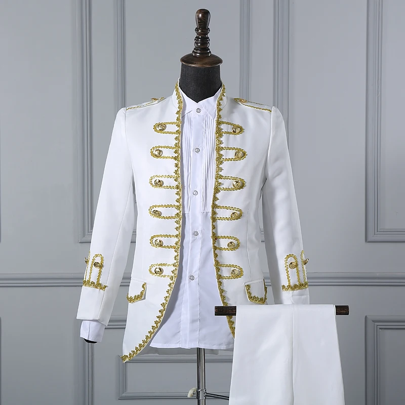 

Men Court Clothing European Retro man Wedding Costume Male Host Bar Clothes Jacket + Pants groom formal Uniform black white Red