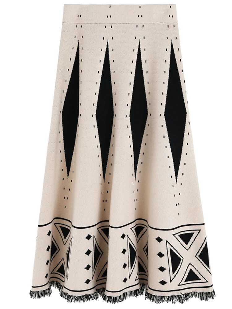 

Kimutomo Vintage Geometric Women Skirt French Style 2021 Spring Autumn Chic Ladies High Waist Tassel A-line Mujer Faldas
