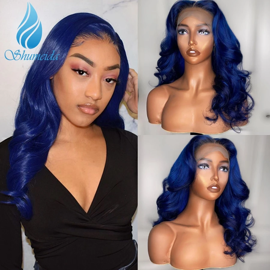 

SMD 13*6 Lace Front Wigs Blue Color Pre Plucked Hairline Peruvian Body Wave Remy Human Hair Wigs for Women 180% Density