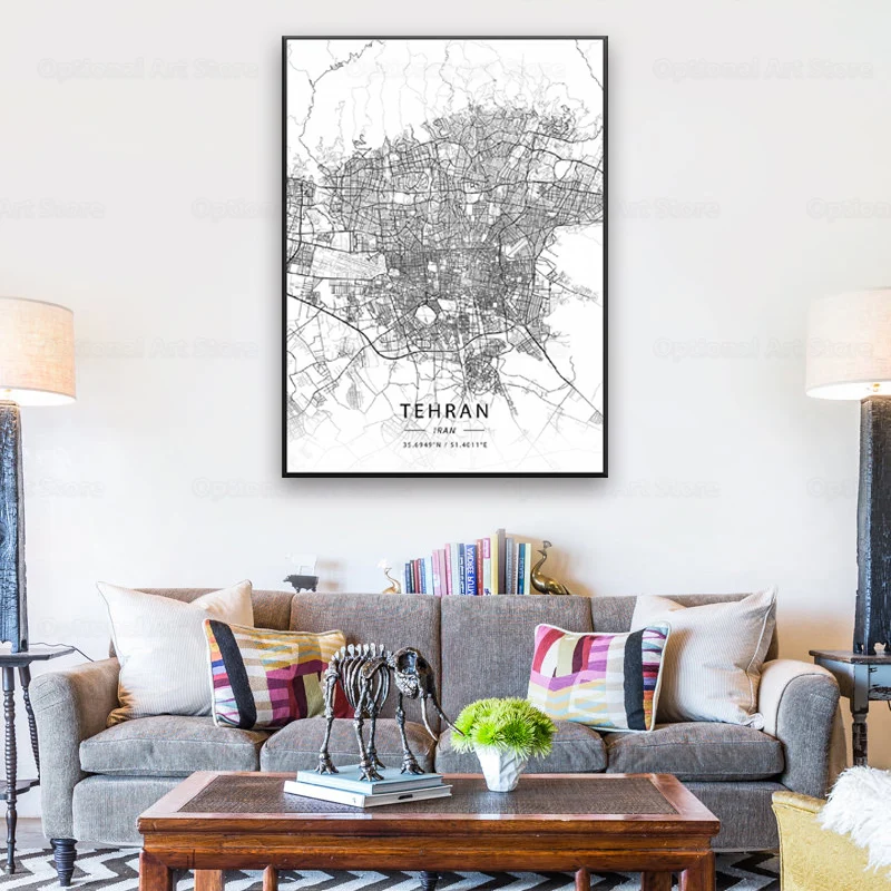 Черно-белый Тегеран Иран белая Широта Долгота холст Художественная карта Плакат