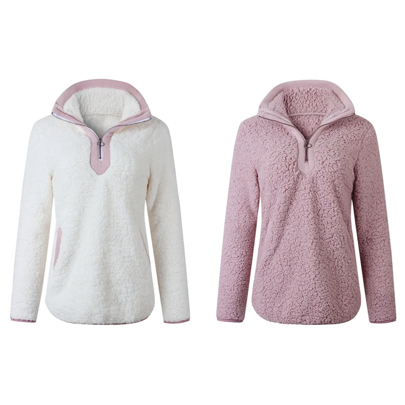 

Женский флисовый пуловер на молнии, белый и розовый свитер с подкладкой из шерсти, 2 шт.