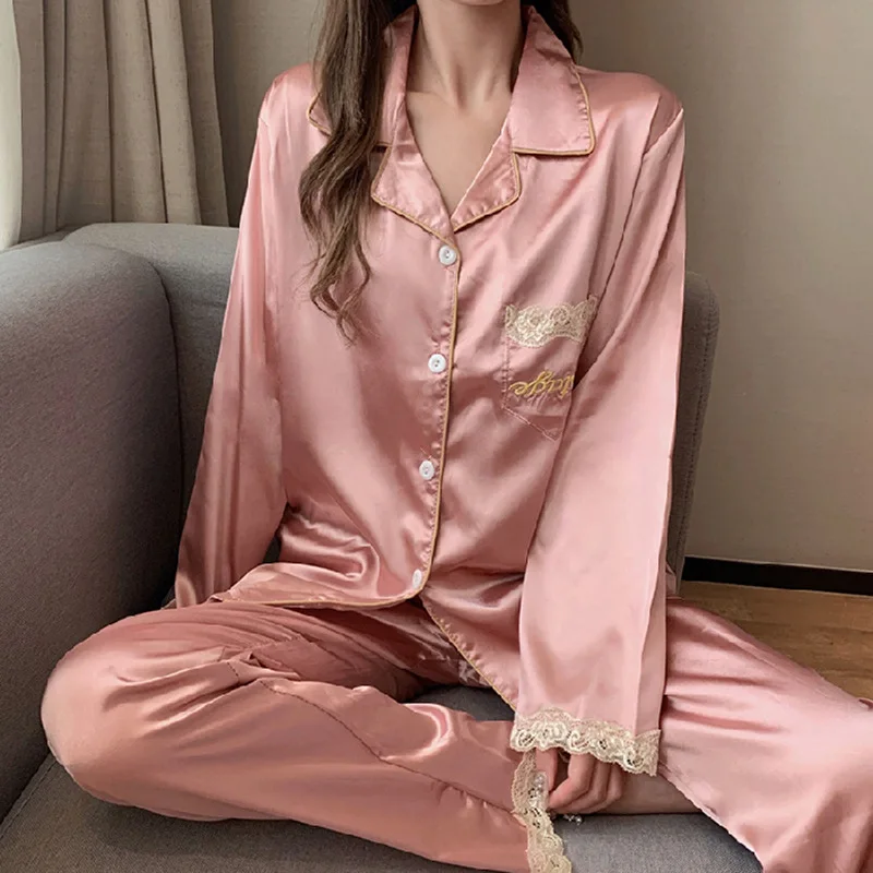 

Women's Pajamas Sets Spring/autumn Long-sleeved Ice Silk Thin Lace Cardigan Trousers Home Service Clothes pyjama pour femme
