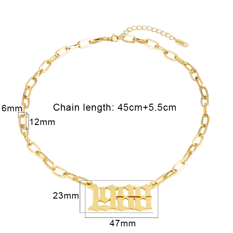 

Bohemian Thick Chain Number Necklace Stainless Steel Cuban Link Chain Necklace for Womens Birthday Gift Birth year men Necklace