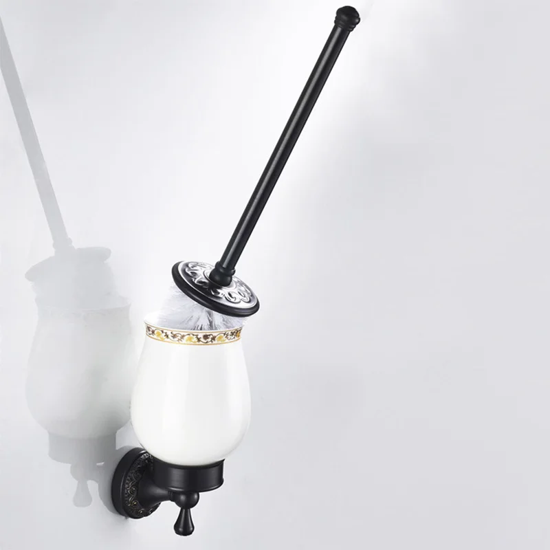 

Black Toilet Brush Holder Vintage Luxury European Bathroom Ceramic Cup WC Brush Holders Brass Wall Mounted Bathroom Hardware Set